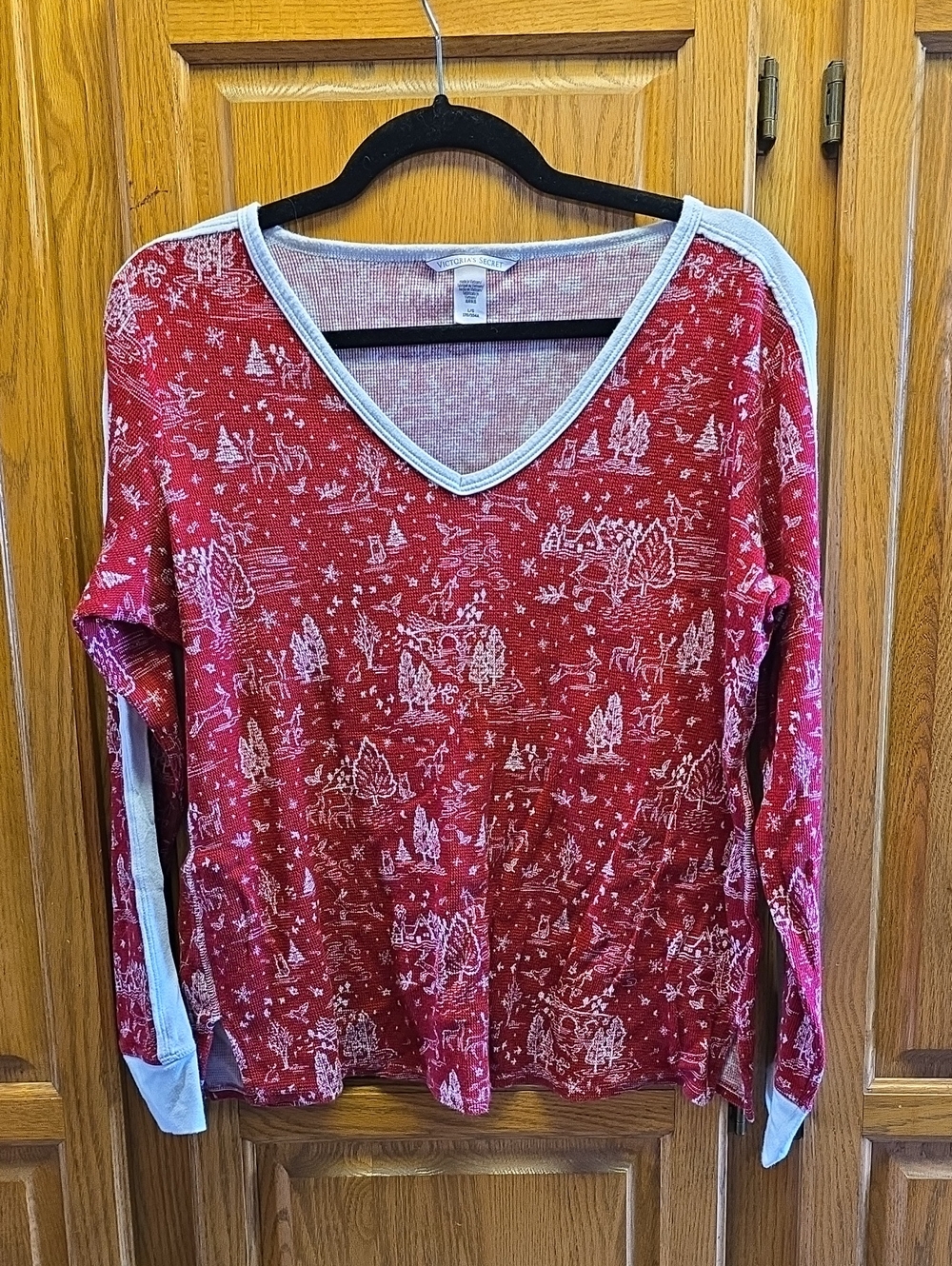 Victoria's Secret Pink Label, Red V-Neck L/S Thermal PJ Set with White Trim